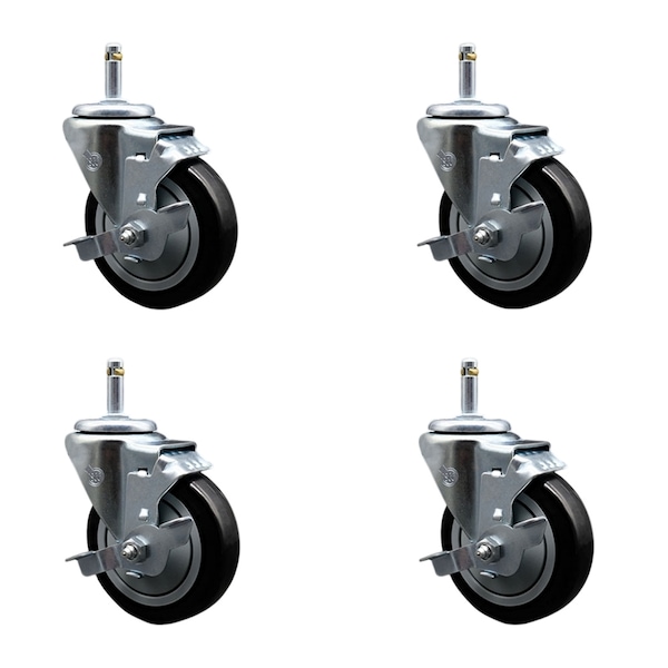 Service Caster 4'' Black Poly Swivel 7/16'' Grip Ring Stem Caster Set with Brake, 4PK SCC-GR20S414-PPUB-BLK-TLB-716138-4 - main